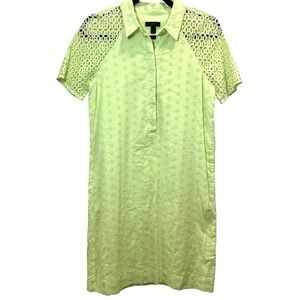 J.Crew Womens Sz 2 Collared Cotton Dress Pockets Lime Green Boho Eyelet Lined